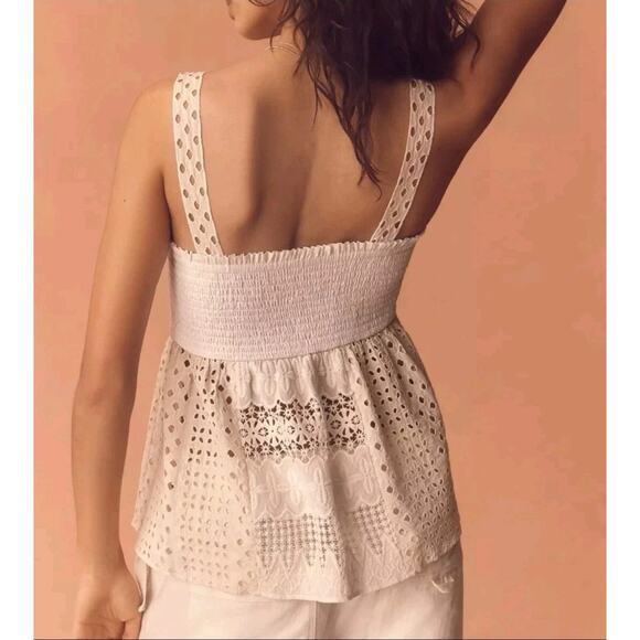 Anthropologie Eyelet Lace Smocked Babydoll Cami Tank Size Large Cottage Core - Picture 2 of 10